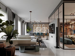 Large living room with a large white corner sofa and tv unit.