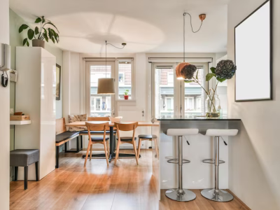 Modern kitchen with decorations and furniture.